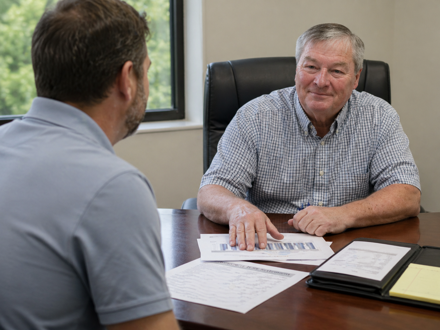image shows Ronnie Wrenn seated at a conference room table with a business client during a consulting meeting.